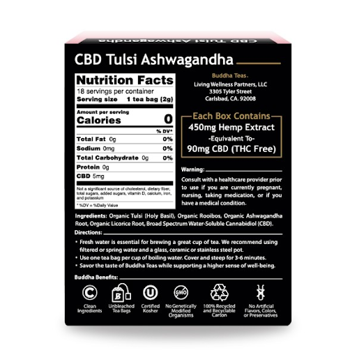 Buddha Tea Organic CBD Tulsi Ashwagandha Product Label